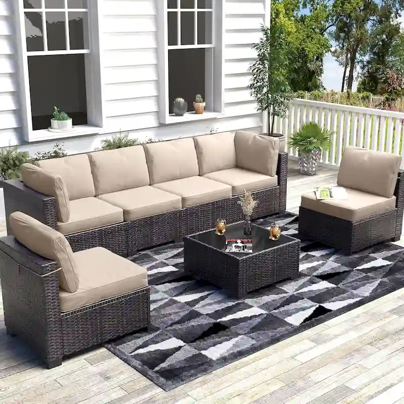 7-Piece Patio Conversation Sofa Set with Cushions and Glass Top Coffee Table