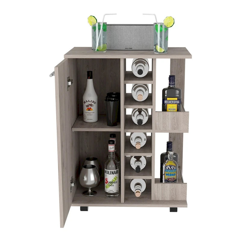 Rolling Bar Cart with Enclosed Cabinet 6-Bottle Wine Cubby and Open Bottle Shelves