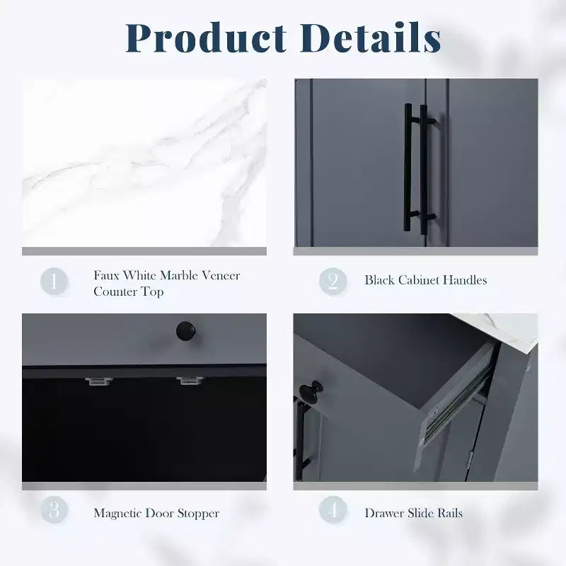 Freestanding Kitchen Pantry Cabinet with Faux Marble Top