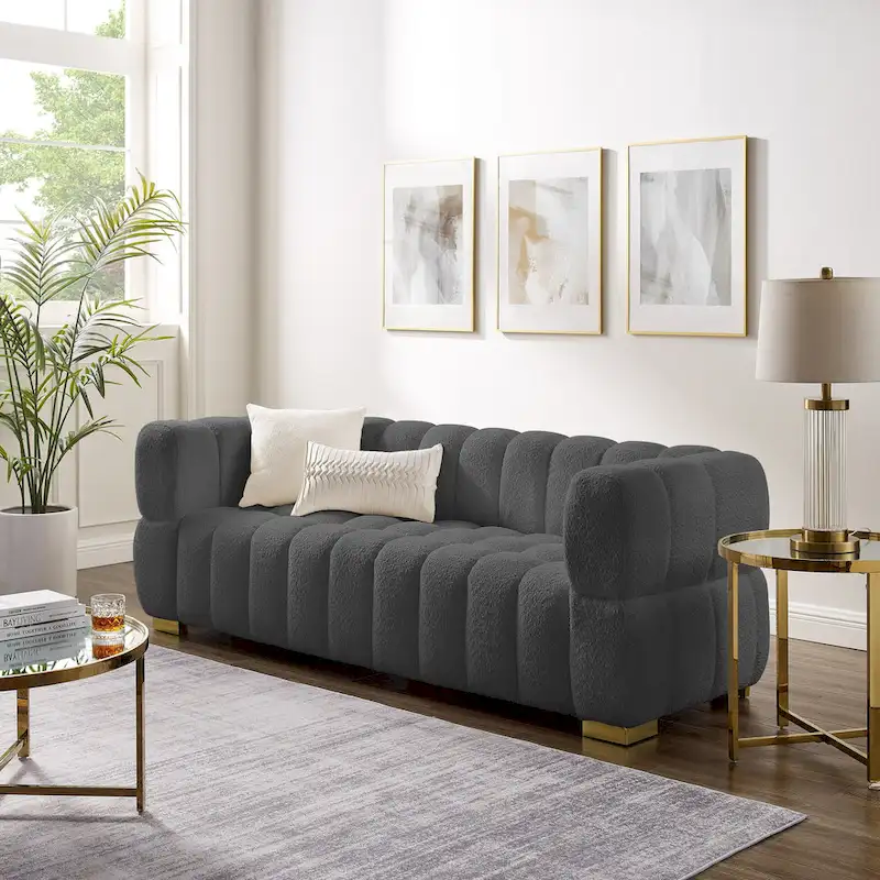 85 Modern Waffle Fabric Couch, Leisure Comfortable Sofa