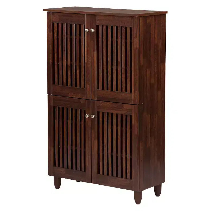 4-Door Tall Shoe Storage Cabinet, Oak Brown, Holds 18 Pairs, Magnetic Close, 48H