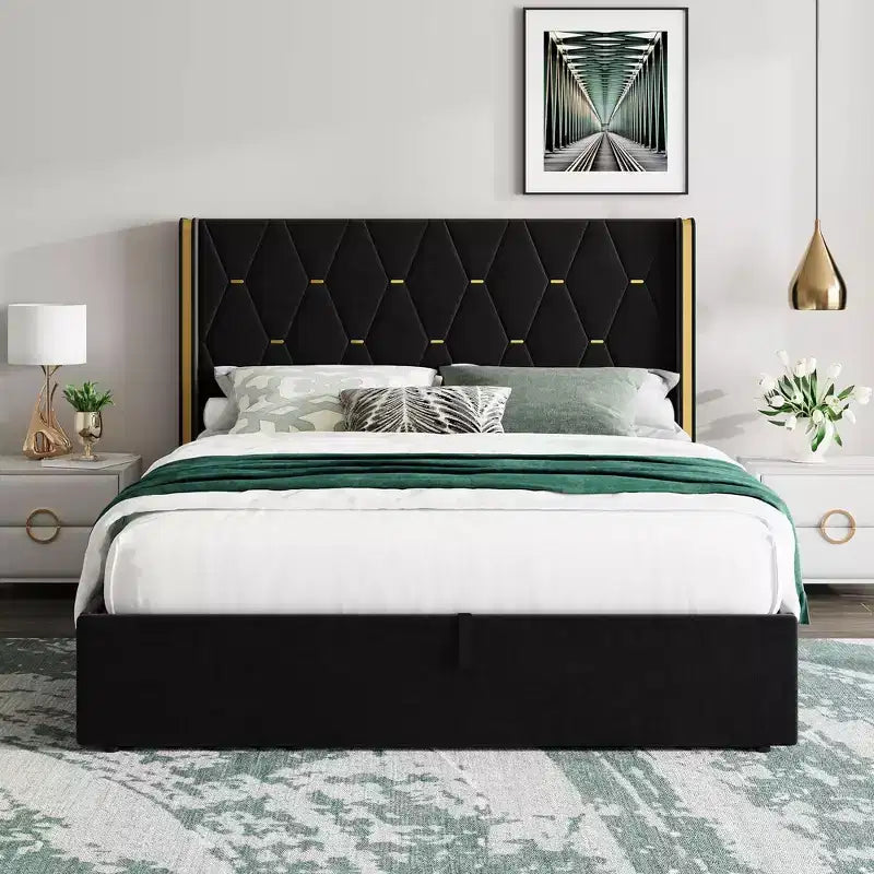 Queen Size Velvet Lift Up Storage Bed Frame, Hydrualic Underneath Storage, Upholstered Platform Bed, Wooden Slats Support, No Box Spring Needed