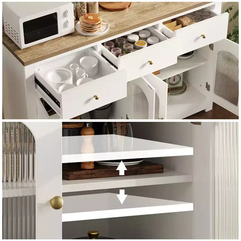55 Inch Farmhouse Buffet Cabinet, Large Wood Narrow Kitchen Buffet Storage Cabinet for Dining Room Living Room Coffee Bar with Drawers and 4 Doors