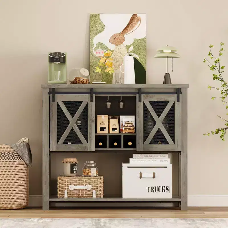 Wine Bar Cabinet with Sliding Barn Door – Wine Rack, Glass Holder & Storage