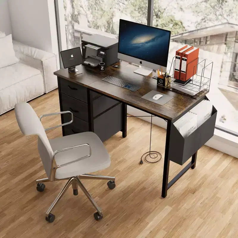 Modern Home Office Computer Desk with Drawers & Shelves, Writing Desk with Side Bag for Study & Office