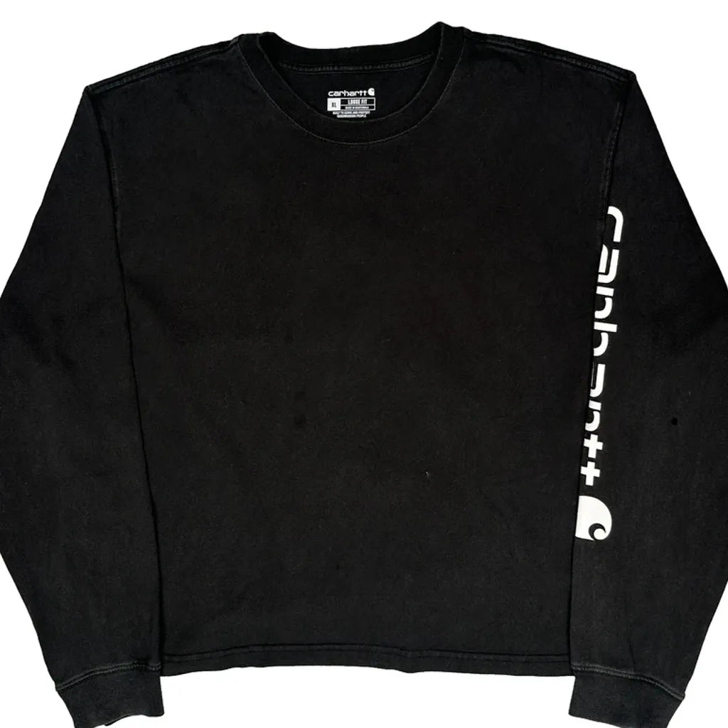 Cropped Long Sleeve T-Shirt Women's Regular Fit Crew Neck Black Cotton XL