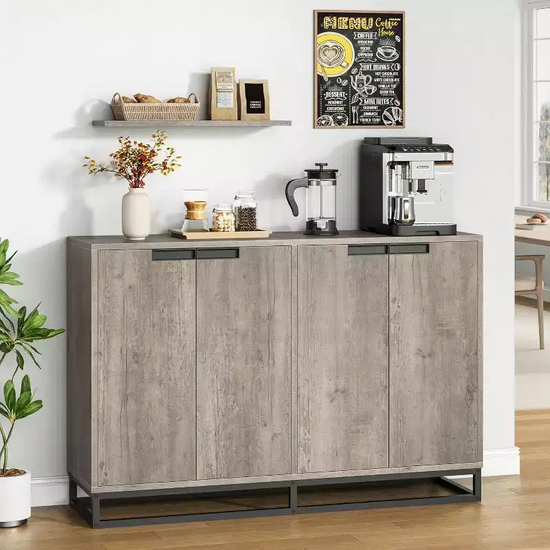 55 in Buffet Storage Cabinet, Sideboard Modern Credenza with Metal Base 4 Doors Shelves, Accent Coffee Bar Table for Kitchen Dining Room, Living Room
