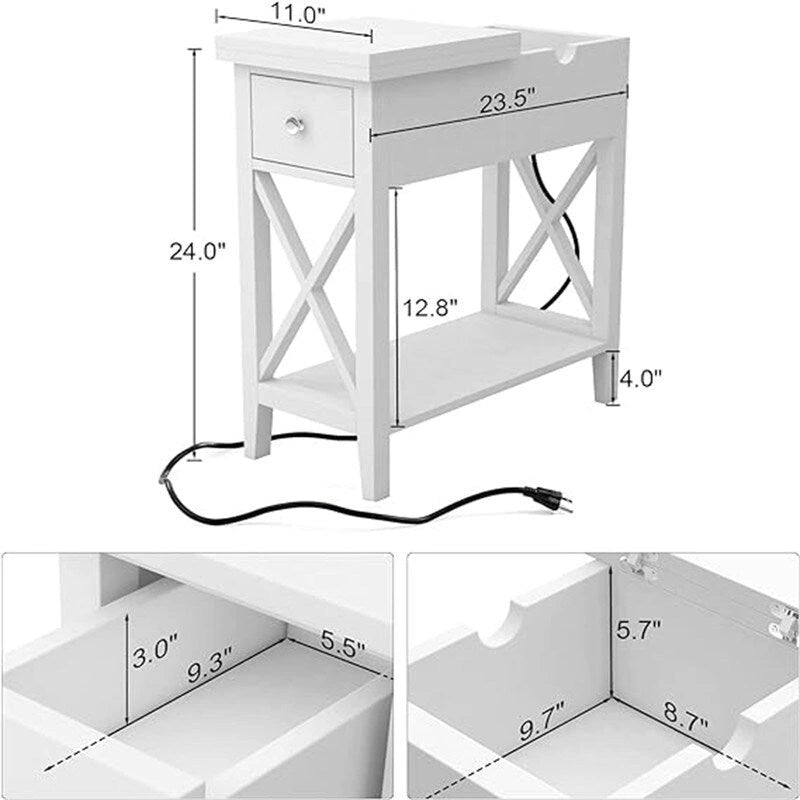 Narrow End Table with Flip Top Drawer and Charging Station
