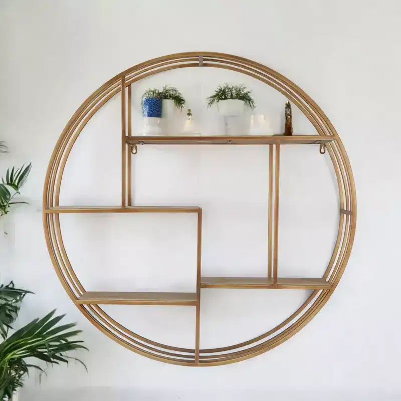 Circular Wall Shelf with Metal Frame & Wood Shelves - Round Hanging Storage Unit - Decorative Wall Organizer for Home, Office, Bedroom, Living Room