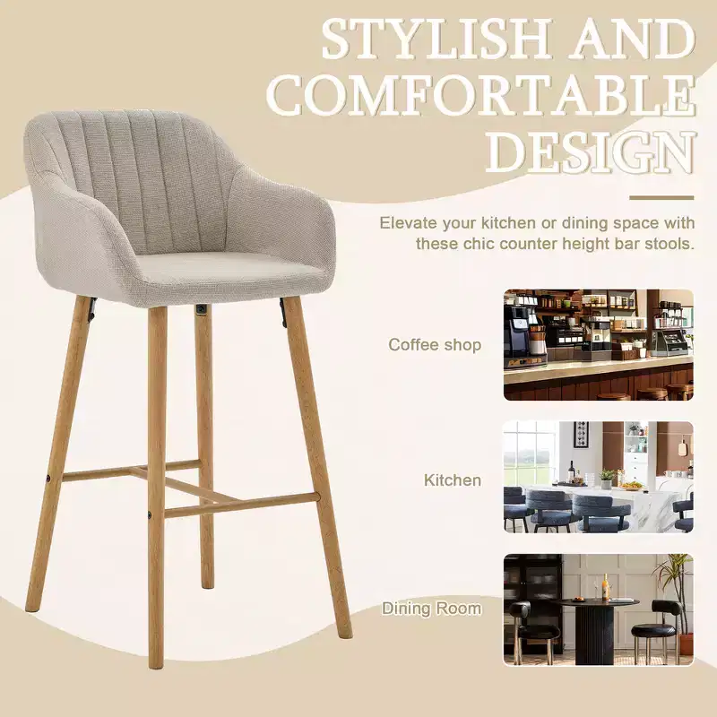 Zeus & Ruta Modern Linen Upholstery Bar Stools Set of 2 with Back, Armrest & Wood Legs, Kitchen Island Height