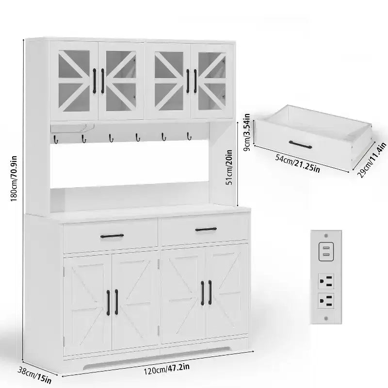 Dyonery white minimalist food storage cabinet, with glass cabinet doors, features 8 spacious storage zones and 2 drawers.