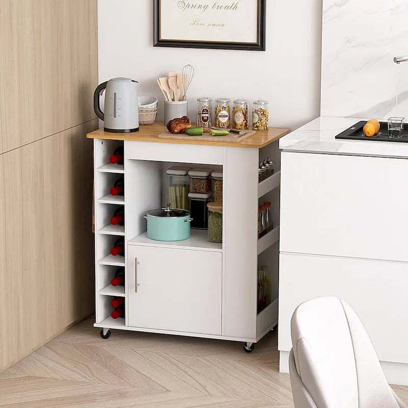 White Rolling Kitchen Cart with Wine Rack Cabinet and Bamboo Countertop