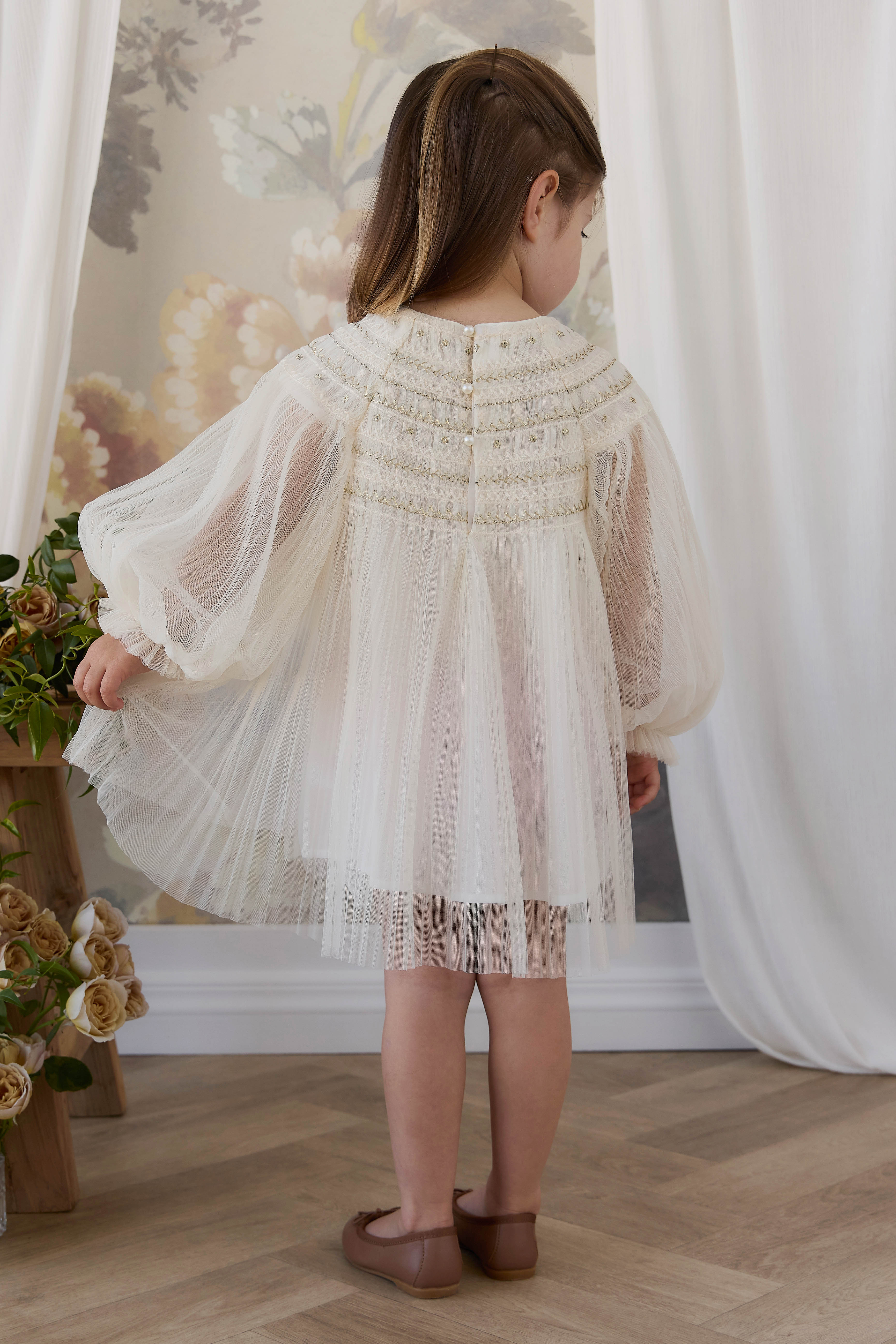 Dreamy Soft Ivory Snow Angel Theme Polyester-Cotton Lined Dress with Sheer Long Sleeves & Layered Gathered Overlay for Girls Festive Occasion (6M�C8Y)
