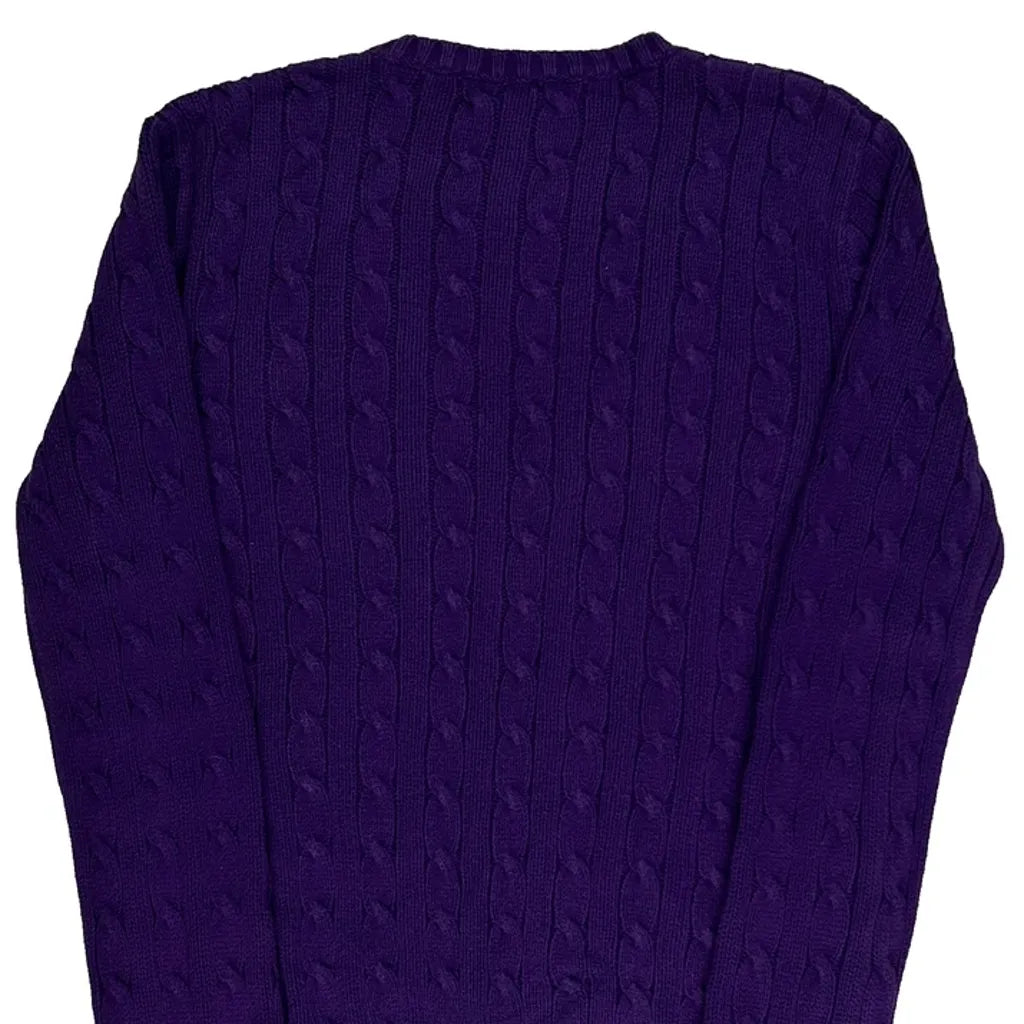 Purple Cable Knit V-Neck Long Sleeve Top Medium Cotton