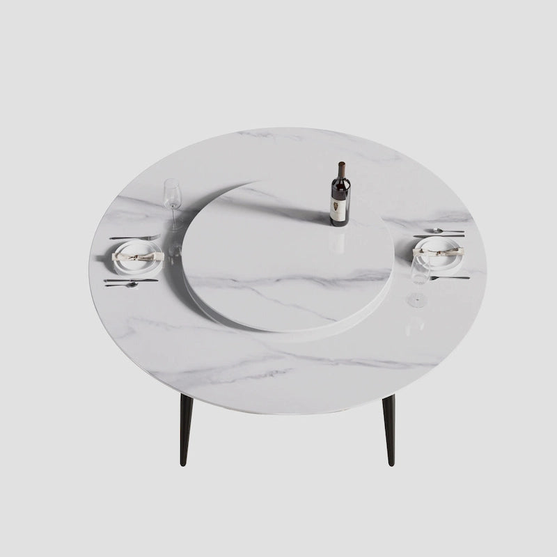 Round Sintered Stone Dining Table with Lazy Susan & Steel Base