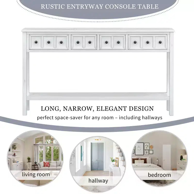 60 Rustic Console Table with 4 Drawers and Bottom Shelf, White
