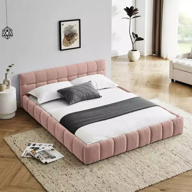 MAYEERTY Queen Size Upholstered Bed Frame with Thick Fabric with Headboard Solid Frame for Bedroom Pink