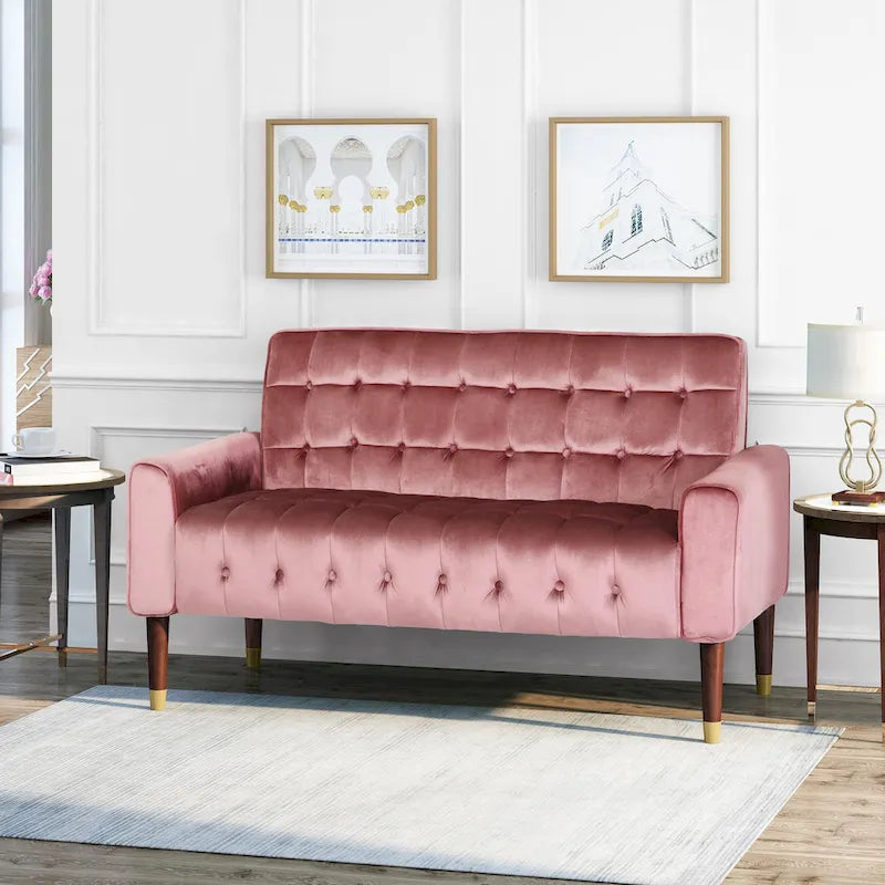 Mid-Century Modern Tufted Velvet Loveseat with Gold Tapered Legs