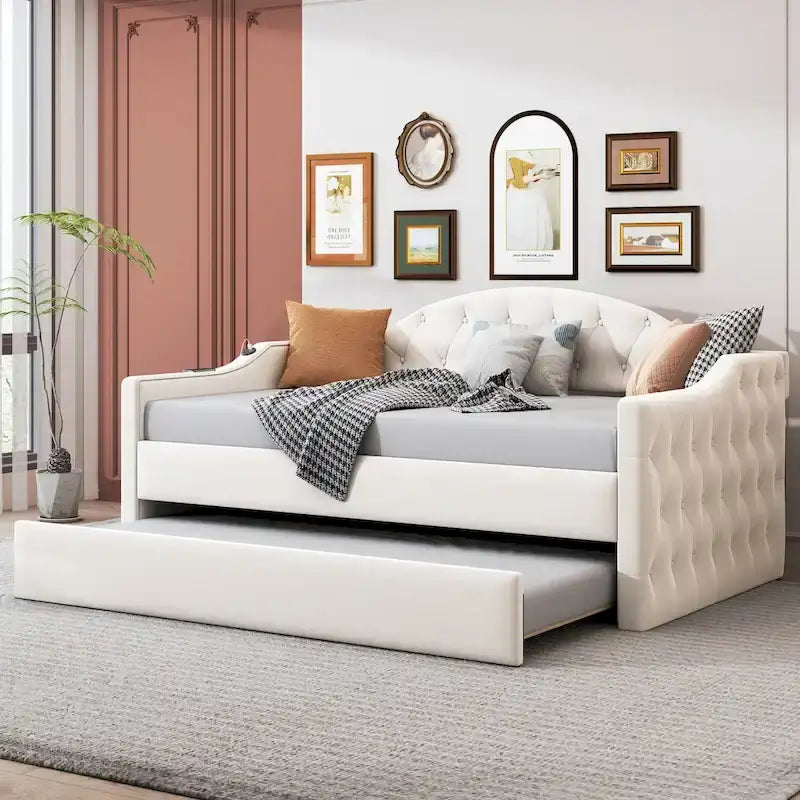 Twin Size Tufted Upholstered Daybed with Trundle �C Velvet Sofa Bed with USB & Type-C Charging Ports, No Box Spring Needed