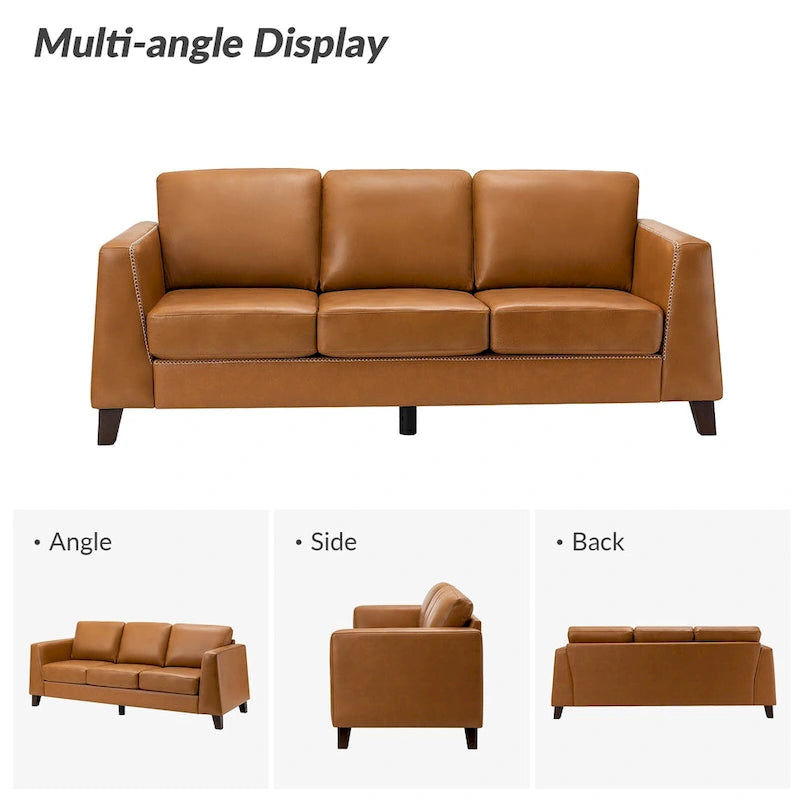 81.5 Inch Genuine Leather Tuxedo Arm Sofa with Solid Wood Legs