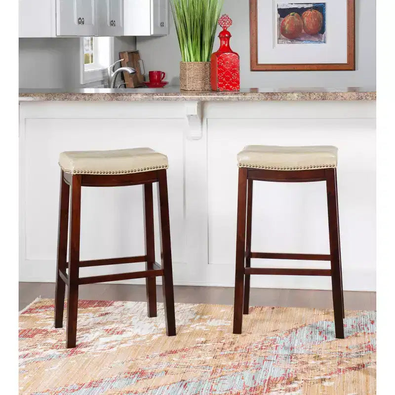 Set of 2 Faux Leather Barstools - Armless, Backless with Footrest, Fixed Height