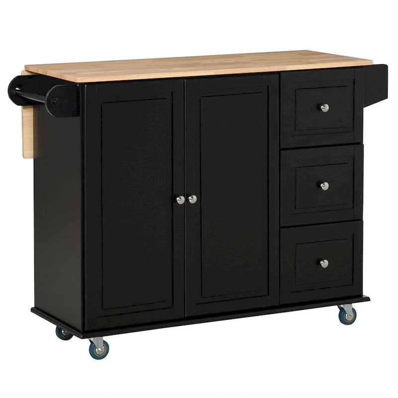 Black Rolling Kitchen Island with Drop-Leaf Top Three Drawers and Spice Rack