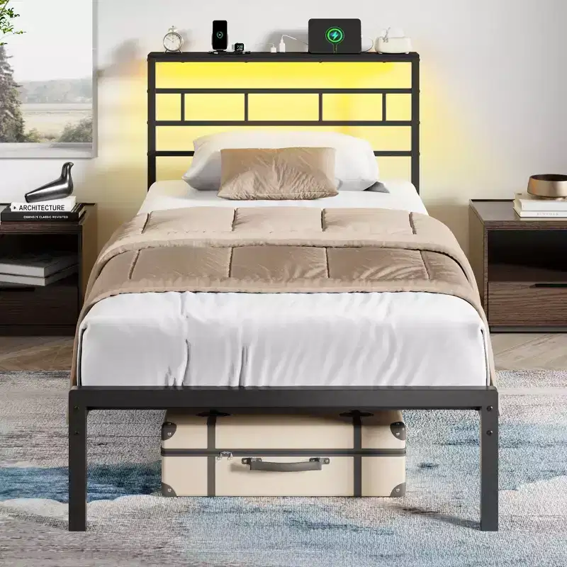 Twin Bed Frame with Charging Station and LED Lights Metal Platform Bed Storage Headboard Noise Free No Box Spring Needed Black Heavy Duty Guest Bed