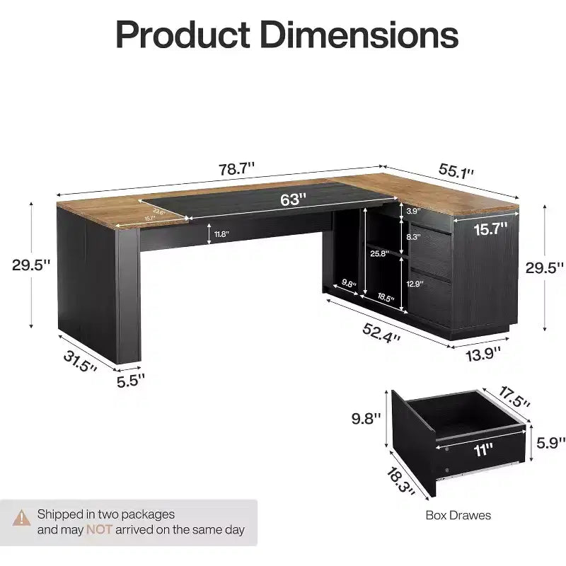 78 L-Shaped Executive Desk with Drawers and Cabinet, Home Office Workstation
