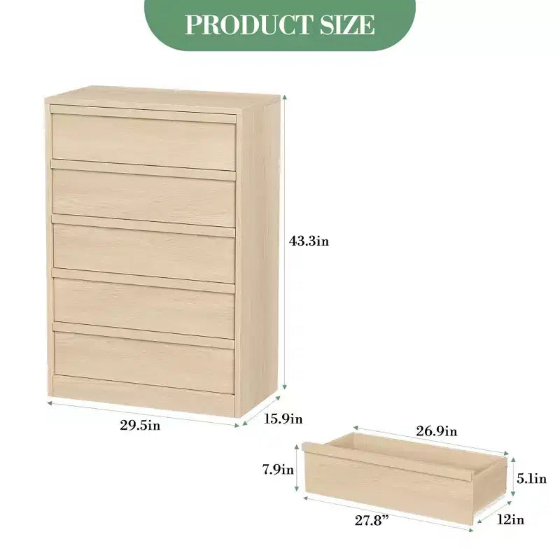 Modern Tall 5-Drawer Dresser 鈥?Natural Oak, 29.5Lx15.9Wx43.3H, Smooth-Glide Drawers