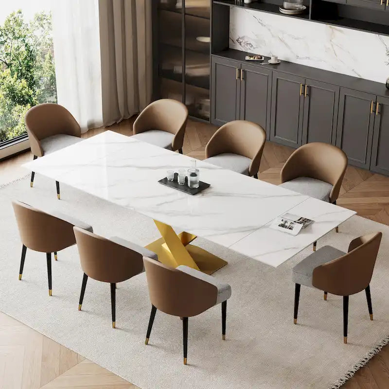 9 - Piece 94.48 Rectangular Extendable Sintered Stone Dining Table with 8 Faux leather Chairs Dining Set