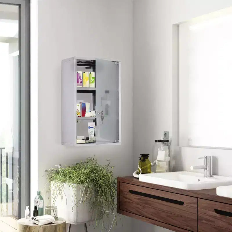 12 x 20 Lockable Medicine Cabinet, 3 Tier Stainless Steel Medical Wall Box with 2 Keys and Shelves for Bathroom