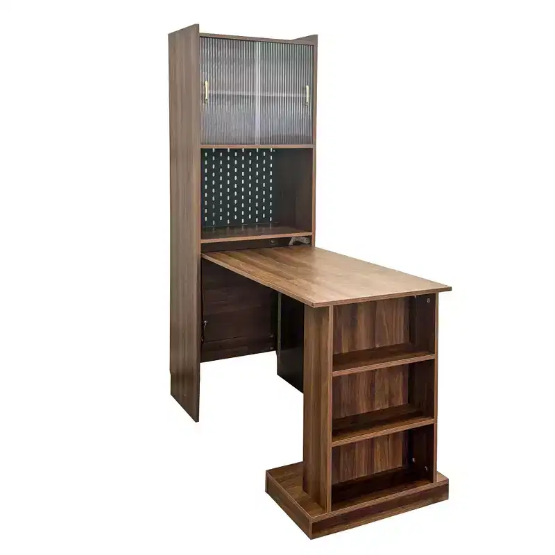 Folding Writing Desk with Storage Cabinet and Open Shelves for Home Office, Walnut