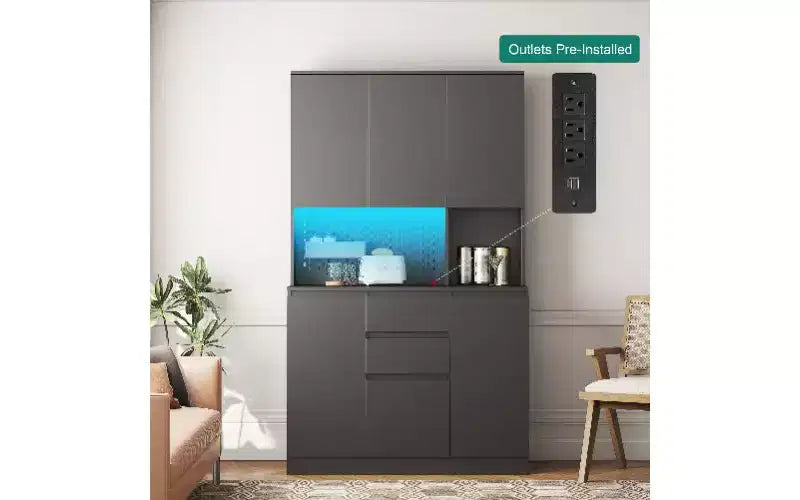 Freestanding Buffet Cabinet with Hutch �C 6-Door Pantry Storage Cabinet with Charging Station