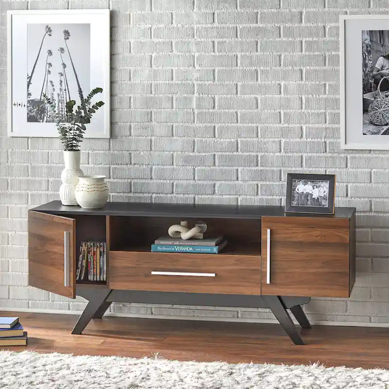 Mid-Century TV Stand with Cabinets, Shelf and Drawer