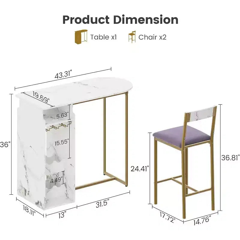 Acekool 3-Piece Modern Bar Set, Built-In Storage, Space-Saving for Kitchen or Apartment