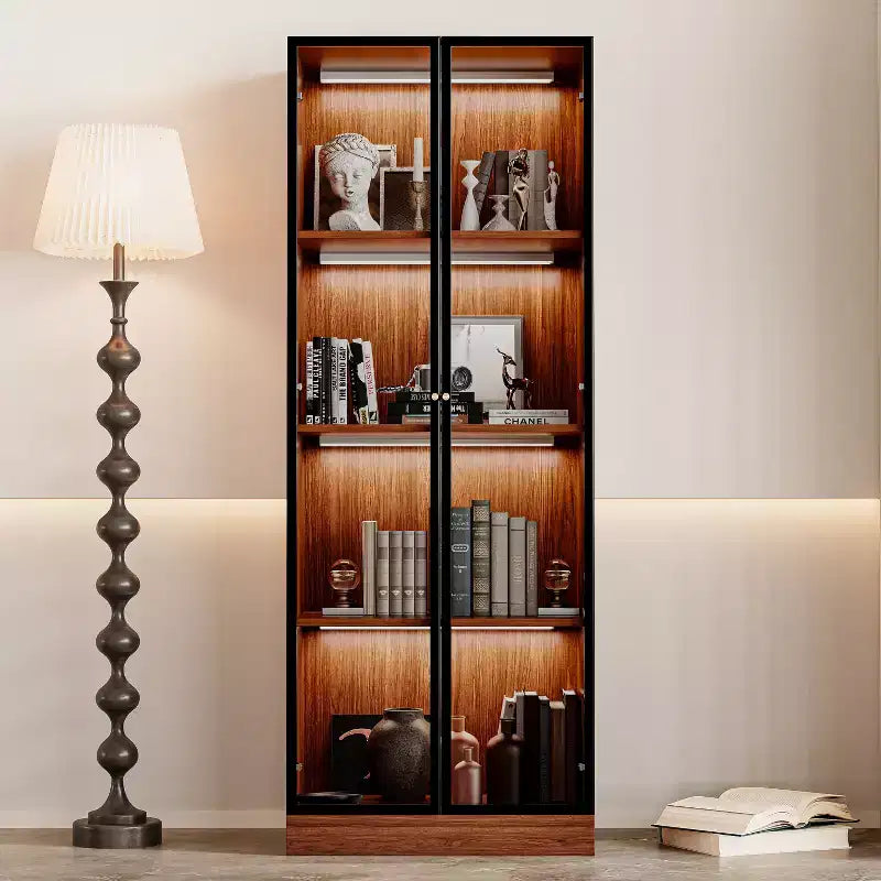 23.6 Brown Glass Display China Cabinet with LED - Mid Century Modern 4-Tier Dining Shelf