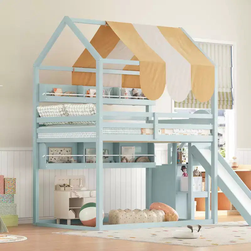 Whisen Full Size House Bed Frame with Canopy, Slide & Built-In Bookshelves