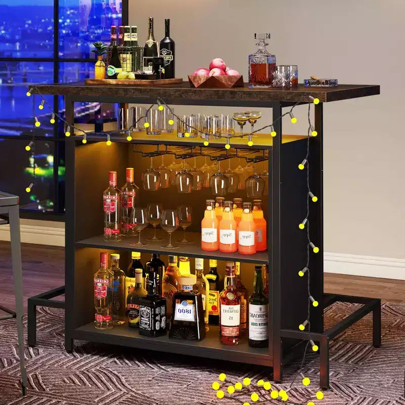 3-Tier Home Wine Bar Cabinet �C Brown & Black, Metal Frame with Stemware Rack