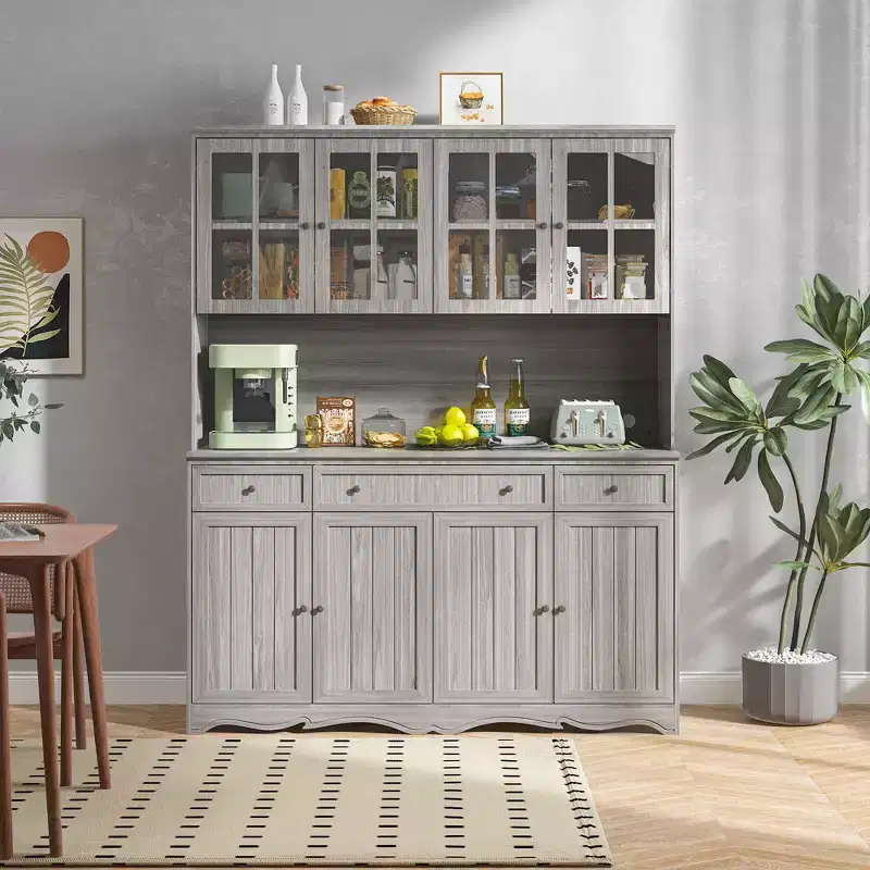 61.2W Gray Storage Cabinet Buffet Hutch Kitchen Pantry with Ornate Base Trim