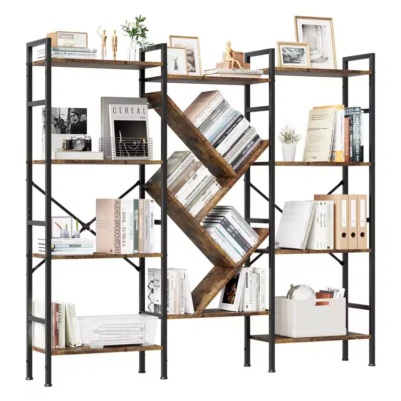 Industrial 4-Tier Wooden Bookcase, Open Bookshelf, Sturdy Metal Frame, Rustic Display Storage Shelves, for Living Room, Bedroom