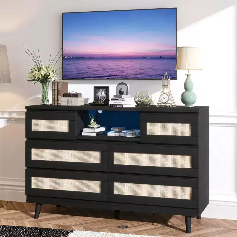 Natural Rattan 6-Drawer Dresser - 47.2W x 15.7D x 31.5H w/LED Light & Charging Station, Farmhouse Chest for Bedroom/Living Room/Nursery