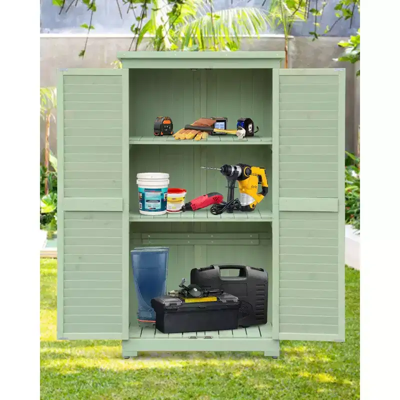 63 Inch Weatherproof Outdoor Storage Shed,with Removable Shelves, Locks,Double Shuttered Doors,Tall Wooden Garden Tool Shed with Floor for Patio,Yard