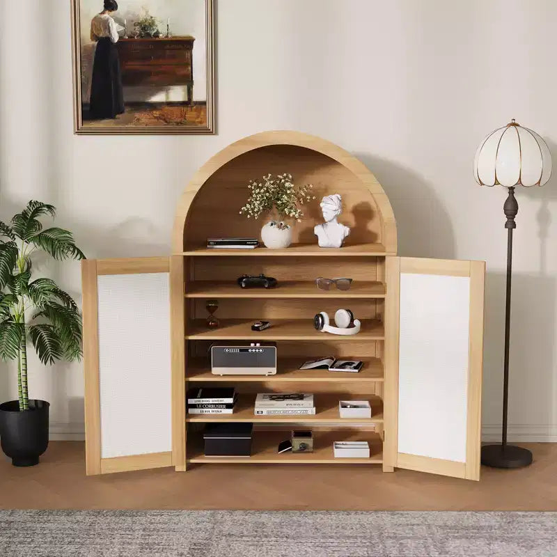 Arched Shoe Cabinet with Doors & Shelves, 5-Tier Rattan Shoes Rack Organizer Cabinet with Adjustable Shelves for Entryway, Closet, Living Room