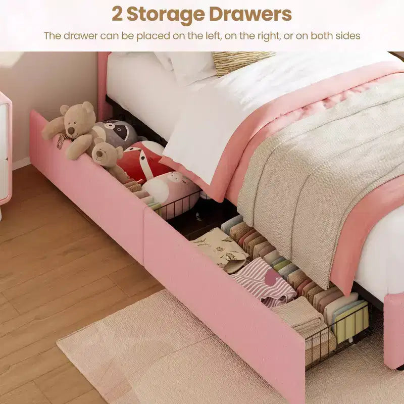Fairytale style double upholstered bed frame with headboard and 4 storage drawers. Solid wood bed frame, pink, double bed, Twin size.