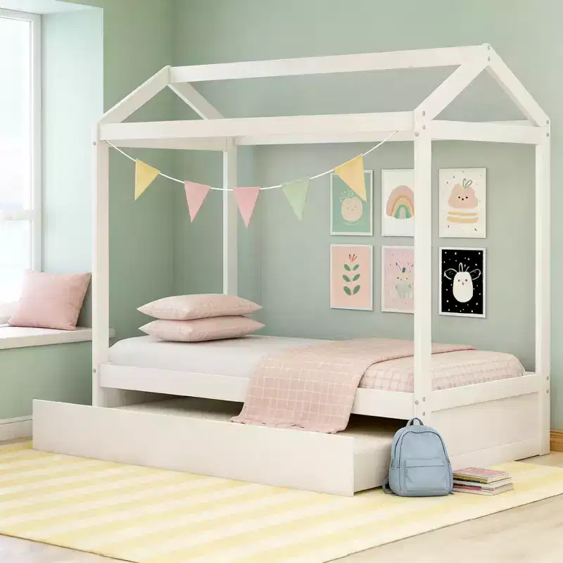 Luxystar Twin Size Wood House Bed with Trundle, White