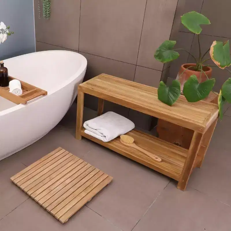 Nordic Teak 35 Natural Shower and Bath Spa Bench with Shelf - Beige