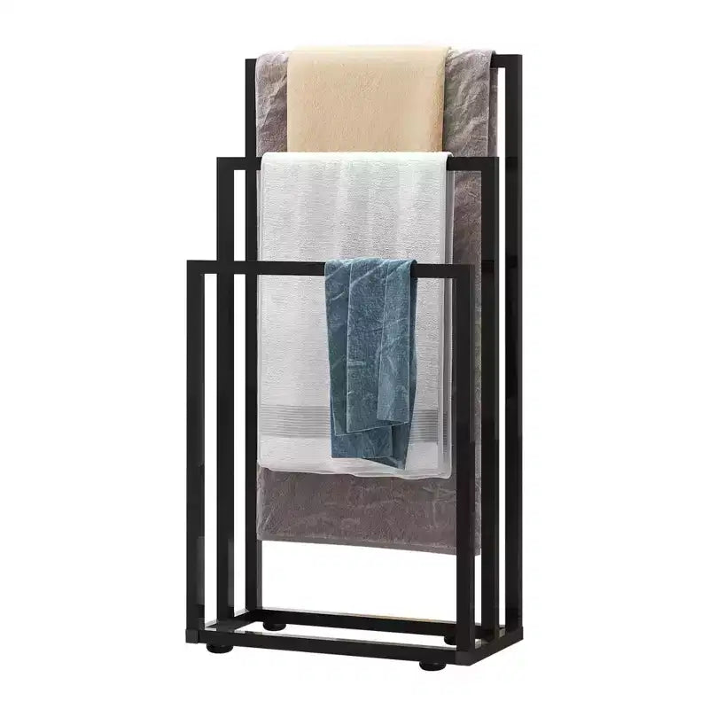 Freestanding Towel Rack,3 Tier Towel Drying Rack for Bathroom Standing Hand Towel Holder Black Towel Rack Stand with Storage Shelf