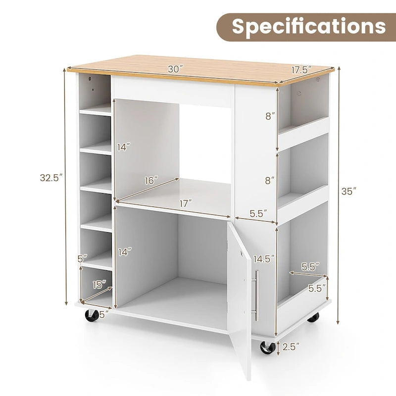 White Rolling Kitchen Cart with Wine Rack Cabinet and Bamboo Countertop