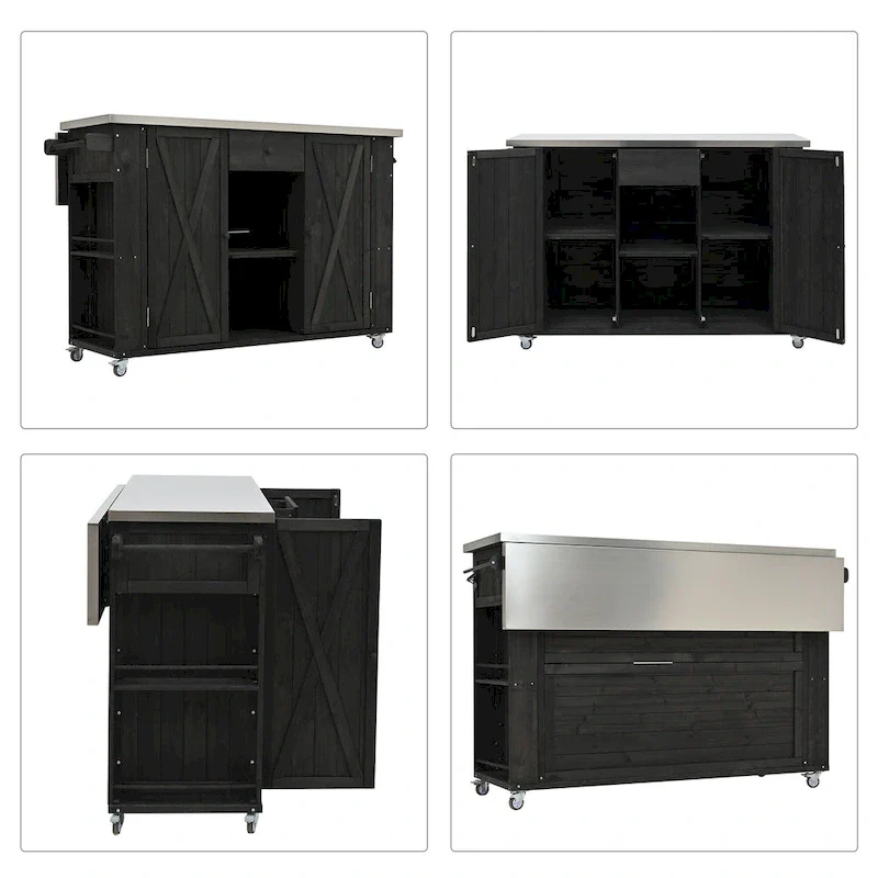 Outdoor Kitchen Island, Rustic Fir Wood with Stainless Steel Top and Smart Storage
