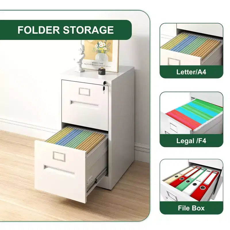 2-Drawer Narrow Metal File Cabinet with Lock – White